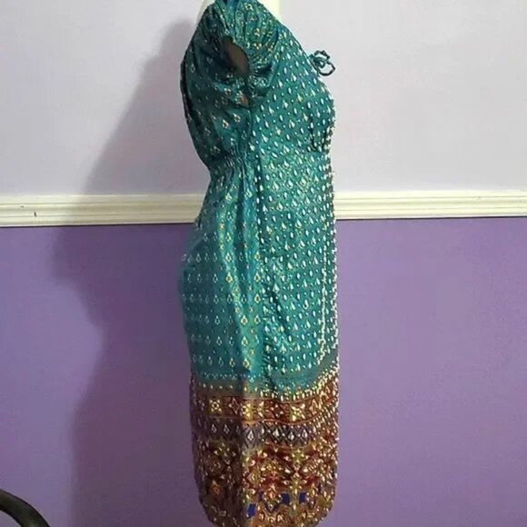 Shoreline Boho Gypsy Turquoise & Brown Beaded Princess Style Mini Dress - Picture 5 of 13